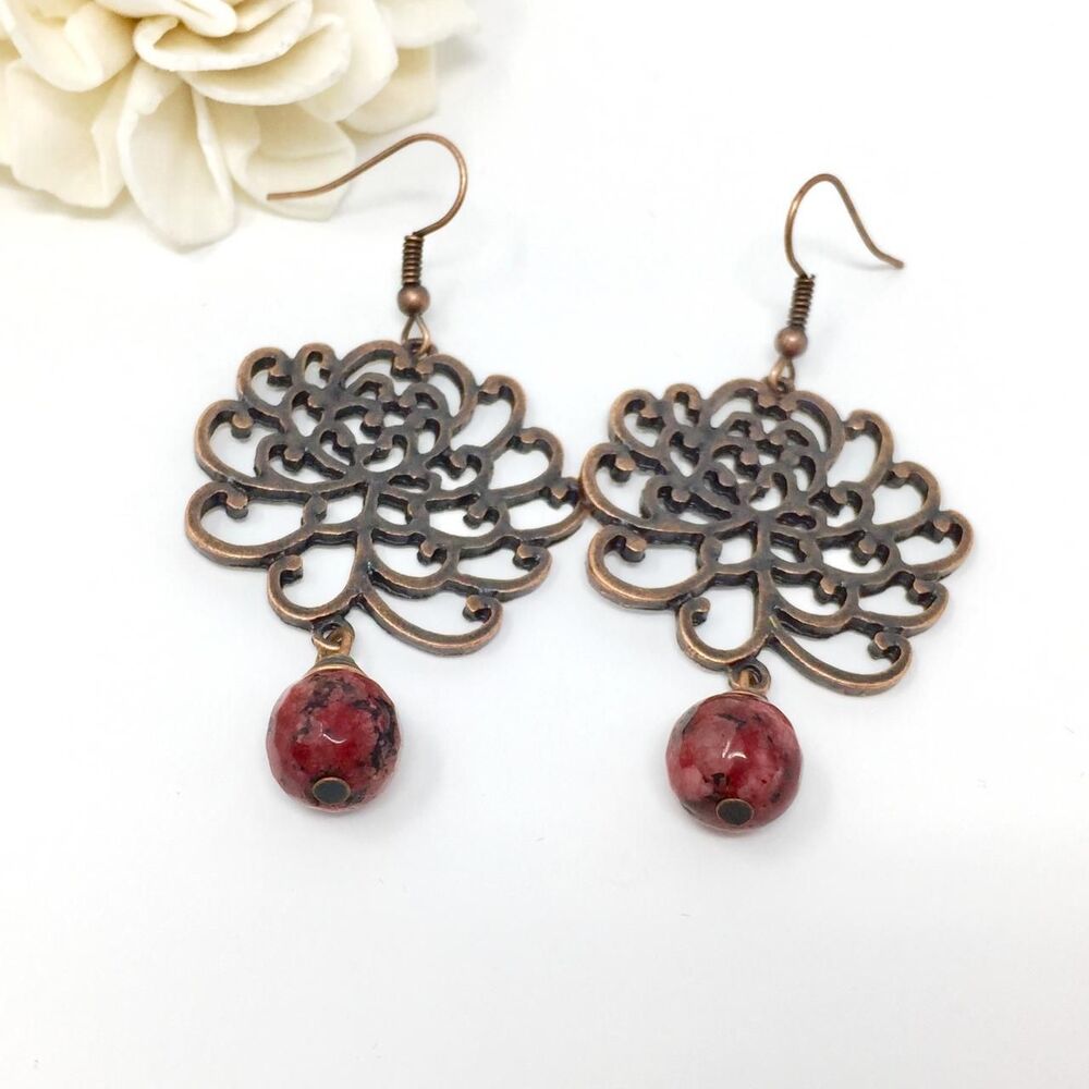 Red stone and antique bronze Lotus dangle earrings